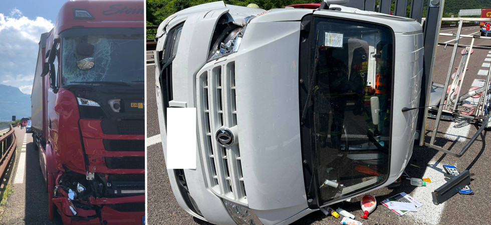 Camion travolge un mezzo da cantiere in A22 e lo trascina per diversi metri: pompieri in azione